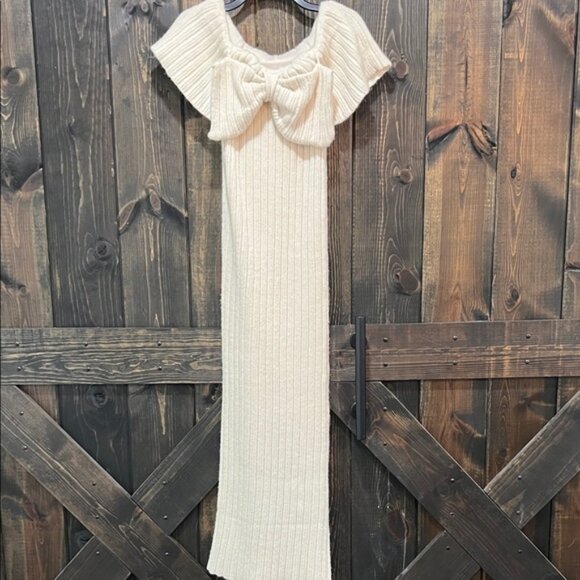 Worth Collective Bow Maxi Sweater Dress S Ivory Cream Ribbed Stretchy Bump Boho - Picture 1 of 13